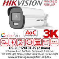 Hikvision DS-2CE12KF0T-FS 3K ColorVu Outdoor Audio AoC 4-in-1 Bullet Camera - 2.8mm lens - 40m IR White Light Range 