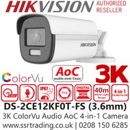 Hikvision 3K ColorVu Outdoor Audio AoC 4-in-1 Bullet Camera - 3.6mm lens - 40m IR White Light Range - DS-2CE12KF0T-FS