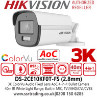 Hikvision DS-2CE10KF0T-FS (2.8mm) 3K ColorVu Outdoor Audio AoC 4-in-1 Bullet Camera - 2.8mm lens - 40m IR White Light Range 