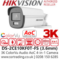Hikvision 3K ColorVu Outdoor Audio AoC 4-in-1 TVI Bullet Camera - 3.6mm lens - 40m IR White Light Range - DS-2CE10KF0T-FS (3.6mm)