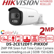 Hikvision 2MP ColorVu PIR Siren Outdoor 4-in-1 TVI Bullet Camera - 3.6mm Lens - 40m White Light Range - 24/7 full color imaging - DS-2CE12DFT-PIRXOF