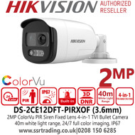 Hikvision DS-2CE12DFT-PIRXOF 2MP ColorVu PIR Siren Outdoor 4-in-1 TVI Bullet Camera - 3.6mm Lens - 40m White Light Range 