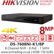 Hikvision 8 Channel 8 PoE 1 SATA NVR - DS-7608NI-K1/8P(C)