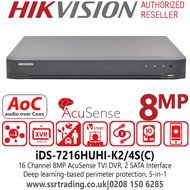 Hikvision IDS-7216HUHI-K2/4S (C ) 16 Channel AcuSense TVI 8MP 16Ch DVR - HDTVI/AHD/CVI/CVBS/IP - 2 SATA 