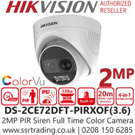 Hikvision 2MP PIR Siren Full Time Color Outdoor Turret Camera 4-in-1 TVI Camera - 3.6mm Lens - 20m White Light Range - DS-2CE72DFT-PIRXOF
