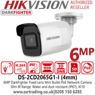 Hikvision 6MP DarkFighter Nightvision Outdoor Mini Bullet IP Camera - 4mm Lens - 30m IR Range - DS-2CD2065G1-I
