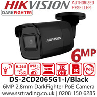 Hikvision 6MP IP PoE DarkFighter Outdoor Mini Black Bullet Camera - 2.8mm Lens - 30m IR Range - DS-2CD2065G1-I/Black