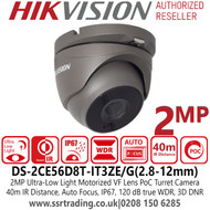 Hikvision DS-2CE56D8T-IT3ZE/Grey 2MP PoC Outdoor Nightvision Grey Turret Camera - 2.8-12mm Motorized Vari-focal Lens - 40m IR Range - Ultra Low Light
