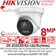 Hikvision AcuSense 8MP ColorVu Strobe Light and Audible Warning Fixed Lens Turret Network PoE Camera - 30m White Light Range - Built-in Two-way audio - DS-2CD2387G2-LSU/SL(4mm)
