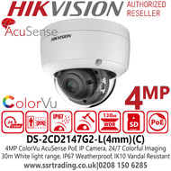 Hikvision IP PoE Dome Camera - 4MP - ColorVu - AcuSense - 4mm Lens - 30m White Light Range - DS-2CD2147G2-L(4mm) (C)