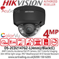 Hikvision IP PoE Dome Camera - 4MP - ColorVu - AcuSense - 4mm Lens - 30m White Light Range - DS-2CD2147G2-L/Black(4mm) (C)