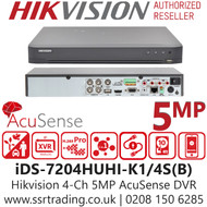 Hikvision 4 Channel 4CH 5MP AcuSense AoC DVR - iDS-7204HUHI-K1/4S(B)  