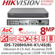 Hikvision 8 Channel 8CH 8MP AcuSense AoC DVR - IDS-7208HUHI-K1/4S(B)