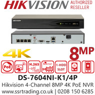 Hikvision 4 Channel 4CH 8MP HDMI 4K PoE NVR - DS-7604NI-K1/4P
