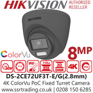 Hikvision 8MP ColorVu PoC Grey Camera - 2.8mm  - 40m White Light Range - DS-2CE72UF3T-E/Grey