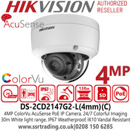 Hikvision IP PoE Dome Camera - 4MP - ColorVu - AcuSense - 4mm Lens - 30m White Light Distance (DS-2CD2147G2-L(4mm) (C))