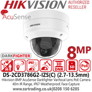 Hikvision 8MP AcuSense Varifocal Lens Face Capture Network IP Dome Camera - Varifocal lens, Motor-driven lens, 2.7- 13.5mm - 40m IR Range - DS-2CD3786G2-IZS( C) (2.7-13.5mm)