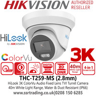 HILook 3K ColorVu Audio Turret Camera - 2.8mm Lens - 40m White Light Range - THC-T259-MS