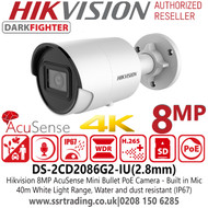 Hikvision IP PoE Camera - 8MP - AcuSense - Darkfighter - Built-in Microphone - 2.8mm Fixed Lens - Mini Bullet Network PoE Camera - DS-2CD2086G2-IU(2.8mm)