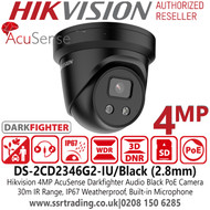 4MP CCTV Camera - Hikvision AcuSense Darkfighter Built-in MIC Black Network 4MP Turret IP  Camera - 2.8mm Lens - DS-2CD2346G2-IU/Black (2.8mm)