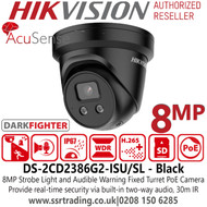 8MP PoE CCTV Camera, Hikvision 4K IP PoE 2.8mm Darkfighter Built-in Two-way Audio Alarm Warning AcuSense Turret Camera in Black - DS-2CD2386G2-ISU/SL(2.8MM)/BLACK