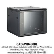 All-Rack Wall Mount Data Cabinet 6U 600mm Wide X 450mm Deep Black, Data Rack, Network Cabinet - CAB6WB450BL