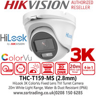 3K ColorVu AoC 4-in-1 TVI/AHD/CVI/CVBS Turret Camera - 2.8mm Lens - 20m White Light Range - Audio Over Coaxial Cable - HiLook by Hikvision - THC-T159-MS(2.8mm)