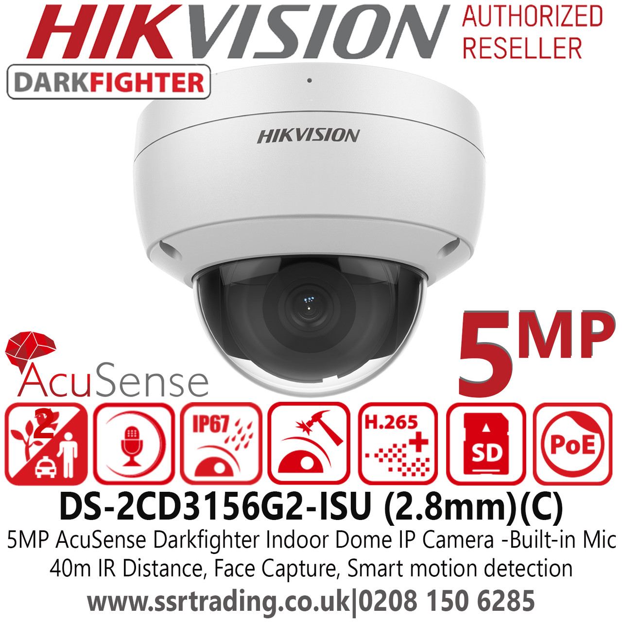 5MP Network CCTV Camera - Hikvision 5MP IP PoE Dome Camera - AcuSense -  Darkfighter - 2.8mm Lens - Face Capture - Built-in mic - Water and dust  resistant (IP67) and vandal-resistant (