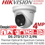 Hikvision Thermal & Optical Bi-Spectrum Network PoE Turret Camera - Strobe light and audio alarm - High quality optical module with 4 MP resolution - DS-2TD1217-2/PA