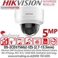 Hikvision Outdoor AcuSense Varifocal Lens Dome PoE IP Camera, 5MP, Day / Night, IP67, IK10, 120dB WDR, Darkfighter technology - DS-2CD3756G2-IZS(C) (2.7-13.5mm)'