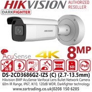 Hikvision 8MP IP PoE AcuSense Darkfighter Audio Varifocal Bullet Network Camera - DS-2CD3686G2-IZS(C) (2.7-13.5mm)