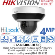 HiLook 4MP 4× IR Network PTZ Camera, 20m IR Distance, IK10, IP66, Support H.265+/H.265 Video Compression, Built-in Microphone - PTZ-N2404I-DE3(C) 