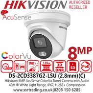 Hikvision DS-2CD3387G2-LSU(2.8mm)(C) 8MP IP PoE AcuSense ColorVu Turret Camera with Audio  - 40m White light - Built in microphone