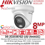 Hikvision DS-2CD3387G2-LSU(4mm)(C) 8MP IP PoE AcuSense ColorVu Turret Camera with Audio  - 40m White light - Built in microphone