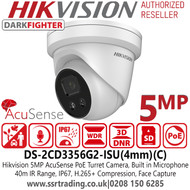 Hikvision - 5MP AcuSense Darkfighter Outdoor IP PoE Turret Camera with IR & Built-in Mic - 4mm Fixed Lens - 40m IR Range - Face Capture - DS-2CD3356G2-ISU(4MM)(C)