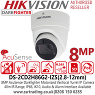 Hikvision 8MP Motorized Varifocal Lens AcuSense Darkfighter IP PoE Turret Camera, 40m IR Distance,IP66, WDR, H.265+, Audio and Alarm, MicroSD/SDHC/SDXC Card Slot, Face Capture, Smart Motion Detection - DS-2CD2H86G2-IZS (2.8-12mm)