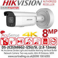 Hikvision 8MP 2.8-12mm Motorized Varifocal Lens AcuSense Darkfighter IP PoE Camera - 60m IR Range - Two Way Audio - Strobe Light & Audible Warning - IP66 - IK10 - DS-2CD2686G2-IZSU/SL