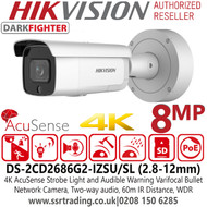 Hikvision 4K/8MP 2.8-12mm Motorized Varifocal Lens AcuSense Darkfighter IP PoE Camera - 60m IR Range - Two Way Audio - Strobe Light & Audible Warning - IP66 - IK10 - DS-2CD2686G2-IZSU/SL