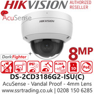 Hikvision - 8MP AcuSense DarkFighter IP PoE Dome Camera with Built in Mic - 4mm Fixed Lens - 40m IR Range - DS-2CD3186G2-ISU(4mm)