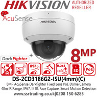 Hikvision 8MP AcuSense DarkFighter IP PoE Dome Camera with Built in Mic - 4mm Fixed Lens - 40m IR Range - DS-2CD3186G2-ISU(4mm)