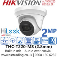 HiLook THC-T220-MS 2MP 2.8mm lens TVI/AHD/CVI/CVBS Turret Camera  40m IR Distance, IP66, Audio Over Coaxial Cable, Built-in Mic 