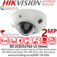 Hikvision 2MP ColorVu Mini Dome Network IP Camera  - 4mm Fixed Lens - 30m White Light Range - IP67 - IK08 - WDR - Built in Microphone - Face Capture - AcuSense Technology - ColorVu Technology - 24/7 Colorful Imaging - DS-2CD2527G2-LS (4mm)