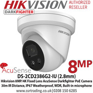Hikvision 4K 8MP  AcuSense Darkfighter PoE Network Turret Camera, 2.8mm Lens, 30m IR Distance,IP67 Weatherproof,120dB WDR,Built in Microphone,Supports on board storage - DS-2CD2386G2-IU (2.8mm)