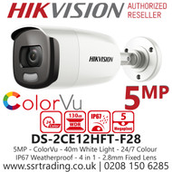 Hikvision ColorVu 5MP Turbo-HD 40m White Light Range Bullet Camera 2.8mm Lens - DS-2CE12HFT-F28