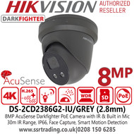 DS-2CD2386G2-IU/Grey Hikvision 8MP 2.8mm Fixed Lens AcuSense Darkfighter Network Turret Camera, 30m IR, IP66 Weatherproof, 120dB WDR, Built in Microphone