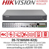 DS-7216HUHI-K2(S) Hikvision 16 Channel DVR 8MP Turbo HD AoC Audio Over Coax HDTVI/AHD/CVI/CVBS/IP video input- H.265 Pro+ video compression 