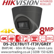 Hikvision DS-2CE78U1T-IT3F/GREY (6mm) 8MP 4K Outdoor Nightvision TVI Turret Camera - Fixed Lens - 4-in-1 - 60m IR Distance - EXIR Technology - IP67 