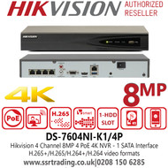 DS-7604NI-K1/4P Hikvision 4 Channel NVR - 4 PoE - 1 SATA Interface - 4CH 4K NVR - 8MP Network Video Recorder 