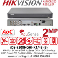 Hikvision iDS-7208HQHI-K1/4S(B) 8 Channel 2MP AcuSense AoC (Audio via coaxial cable) H.265 Compression 1 SATA 8Ch DVR 