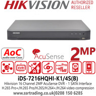 Hikvision iDS-7216HQHI-K1/4S(B) 16 Channel 16CH 2MP AoC AcuSense DVR 